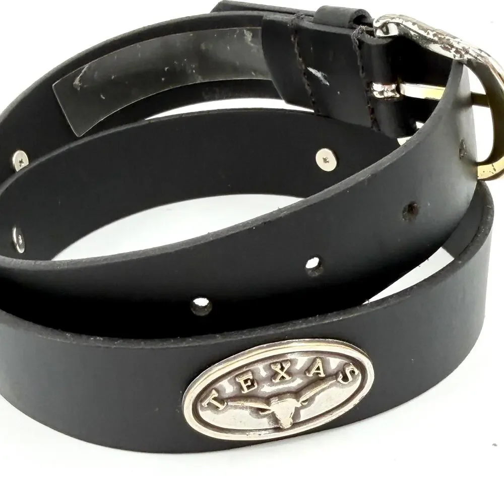 Vintage Y2k Enmon Kids Black Genuine Leather Texas Medallion Belt